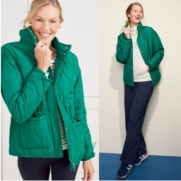 T BY TALBOTS Patch Pocket Quilted Jacket Mockneck Relaxed Fit Green Size L - Picture 1 of 12